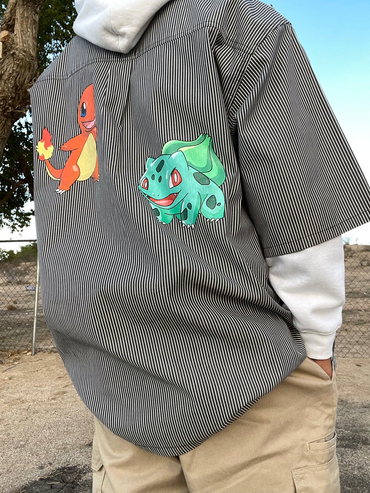 Hand-Painted Pokémon Pinstripe Button Shirt